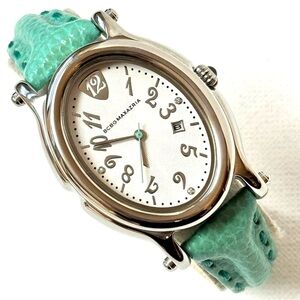 Vintage BCBGMAXAZRIA Diamond Women's Big Face Watch Silver Art Deco Green BG6049